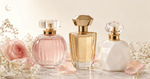 Três frascos de perfumes femininos - um rosa arredondado, um dourado retangular e um branco geométrico - sobre superfície de mármore branco com rosas cor-de-rosa, pétalas e flores brancas ao redor, ilustrando opções de perfume Lattafa feminino árabe.