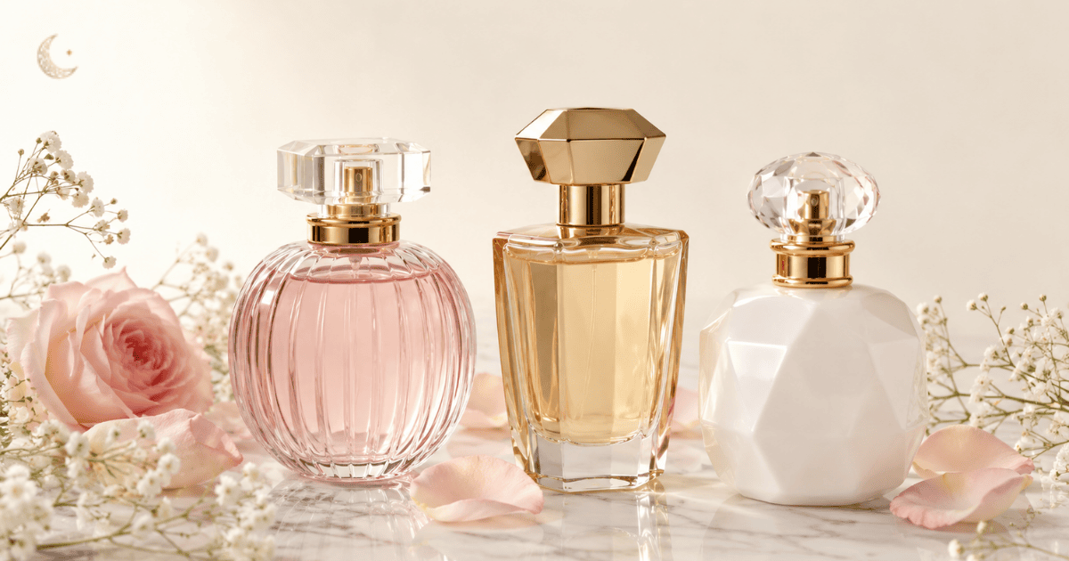 Três frascos de perfumes femininos - um rosa arredondado, um dourado retangular e um branco geométrico - sobre superfície de mármore branco com rosas cor-de-rosa, pétalas e flores brancas ao redor, ilustrando opções de perfume Lattafa feminino árabe.