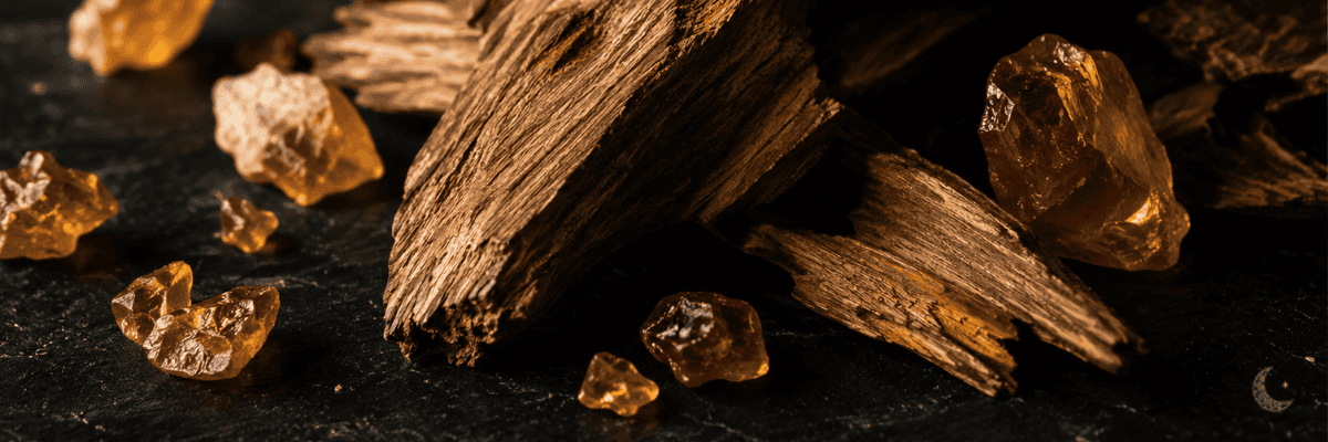 Pedaços brutos de madeira de oud escura e cristais de resina âmbar dourada espalhados sobre superfície preta, ingredientes tradicionais da perfumaria árabe usados nos perfumes apresentados no Guia de Perfumes Árabes.