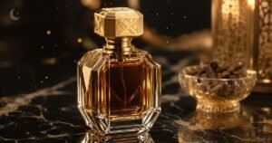 Frasco de perfume árabe com vidro facetado e tampa dourada com padrão geométrico, contendo líquido âmbar dourado, sobre superfície de mármore preto com veios dourados e reflexo, ao lado de uma tigela de cristal com pedaços de resina de oud e uma lanterna dourada desfocada ao fundo, ilustrando a estética luxuosa dos perfumes Rasasi.