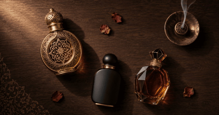 Três frascos de perfume árabe feminino sobre superfície de madeira escura: um dourado ornamentado com filigrana floral, um preto fosco arredondado e um âmbar facetado com tampa dourada, cercados por pétalas de rosa secas, com um pequeno incensário dourado soltando fumaça no canto superior direito e um padrão arabesco dourado sutil no canto inferior esquerdo, sob iluminação quente e dramática.