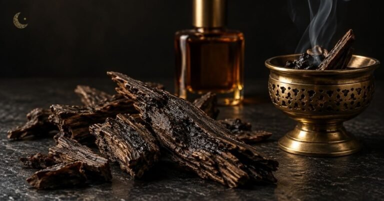 Lascas escuras de madeira de oud resinosa em primeiro plano sobre superfície de pedra preta, com um frasco de perfume âmbar de tampa dourada desfocado ao fundo e um incensário de latão trabalhado à direita liberando fumaça de fumigação de oud, iluminação dramática dourada contra fundo preto, ilustrando o que é oud na perfumaria árabe.