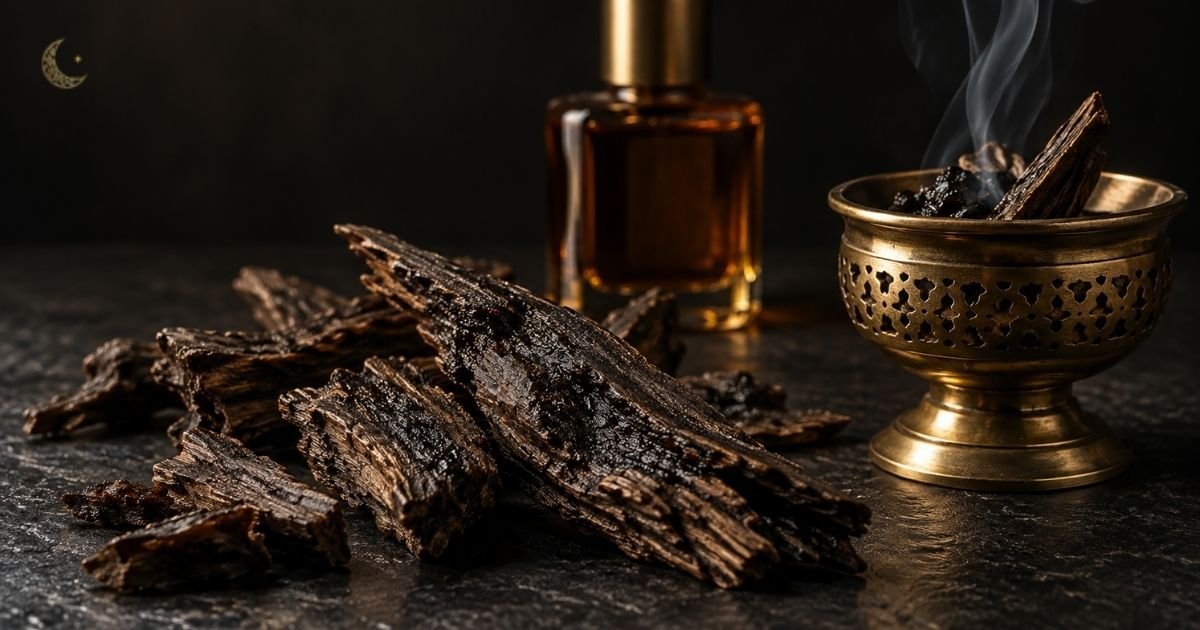 Lascas escuras de madeira de oud resinosa em primeiro plano sobre superfície de pedra preta, com um frasco de perfume âmbar de tampa dourada desfocado ao fundo e um incensário de latão trabalhado à direita liberando fumaça de fumigação de oud, iluminação dramática dourada contra fundo preto, ilustrando o que é oud na perfumaria árabe.